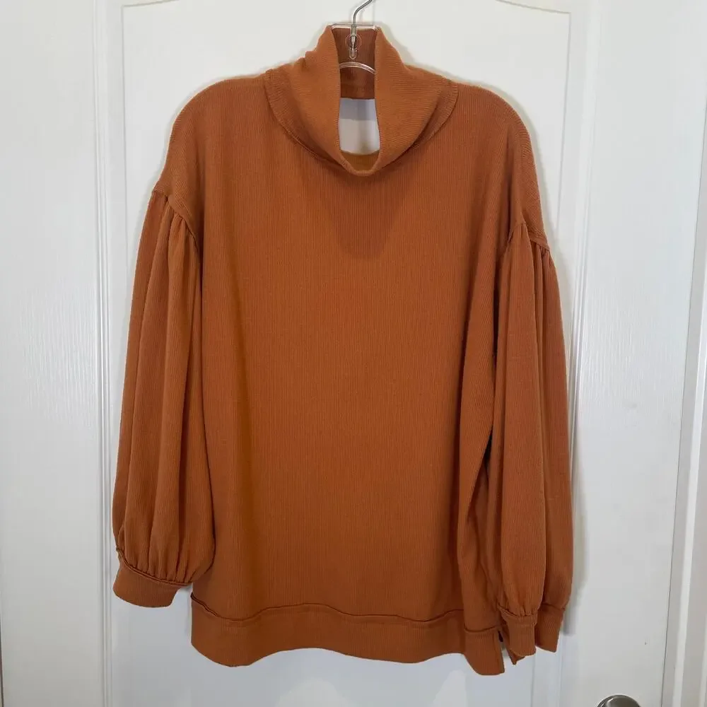 Free People Winnie Top Mock Neck Cutout Back Tan Oversized Balloon Sleeve‎ S
